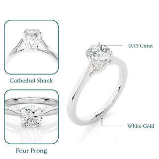 0.75 Carat Round Moissanite Solitaire Engagement Ring in White Gold
