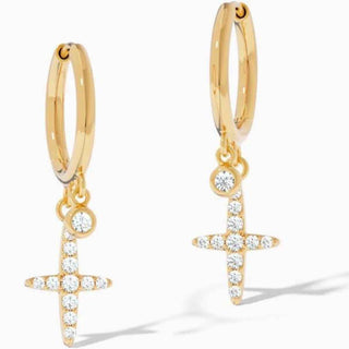 1.40 Carat Round Moissanite Cross Drop Earrings In Yellow Gold