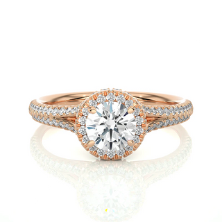 Front view of 1.50 Ct Round Moissanite Split Shank Halo Engagement Ring in Rose Gold, highlighting the brilliant center moissanite stone.