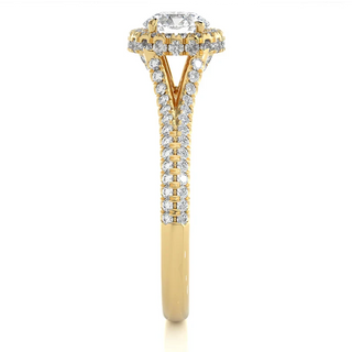1.50 Carat Round Moissanite Split Shank Halo Engagement Ring In Yellow Gold