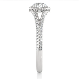 1.50 Carat Round Moissanite Split Shank Halo Engagement Ring in White Gold