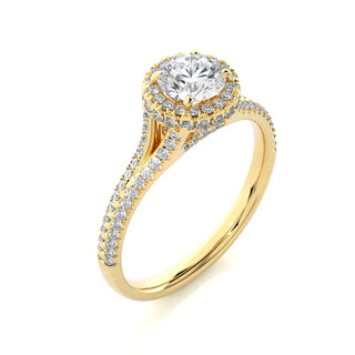 1.50 Carat Round Moissanite Split Shank Halo Engagement Ring In Yellow Gold
