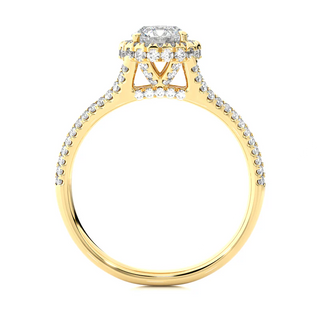 Side profile of 1.50 Carat Round Moissanite Split Shank Halo Engagement Ring In Yellow Gold, highlighting the prong setting.