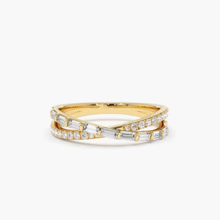 1.50 Ct Baguette & Round Cut Moissanite Criss Cross Wedding Ring In Yellow Gold