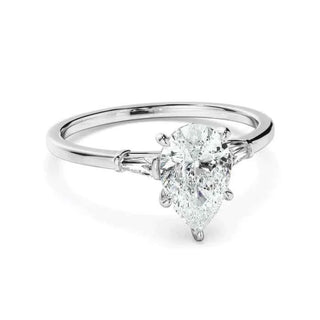 1.80 Carat Pear and Baguette Cut Three Stone Moissanite Ring in White God