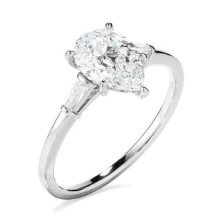 1.80 Carat Pear and Baguette Cut Three Stone Moissanite Ring in White God