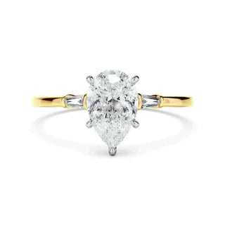 1.80 Carat Pear and Baguette Cut Three Stone Moissanite Ring in White God