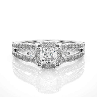 2 Carat Cushion Cut Moissanite Three Stone Halo Ring In Yellow Gold