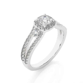 2 Ct Three Stone Cushion Cut Moissanite Halo Ring in White Gold