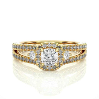 2 Carat Cushion Cut Moissanite Three Stone Halo Ring in Silver