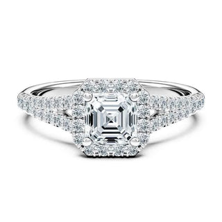 2 Carat Asscher Cut Split Shank Moissanite Ring in White Gold
