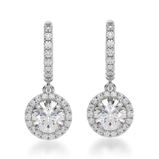 3.20 Carat Round Moissanite Halo Drop Earrings In White Gold