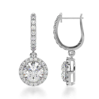 3.20 Carat Round Moissanite Halo Drop Earrings In White Gold