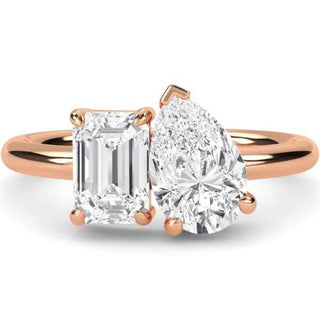 3.50 Ct Moissanite Emerald and Pear Toi Et Moi Ring In Rose Gold