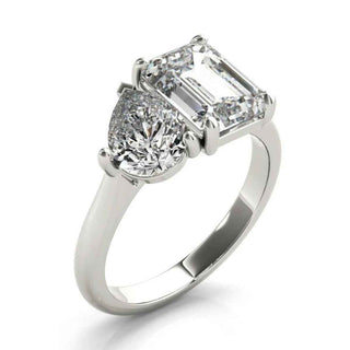 3 Carat Emerald & Pear Cut Moissanite Toi et Moi Ring In White Gold