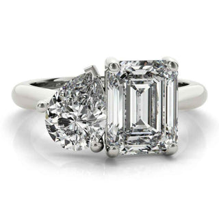 3 Carat Emerald & Pear Cut Moissanite Toi et Moi Ring In White Gold