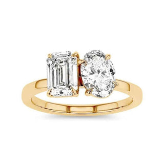 3.80 Ct Moissanite Emerald and Oval Toi Et Moi Ring in Yellow Gold