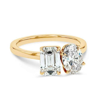 3.80 Ct Moissanite Emerald and Oval Toi Et Moi Ring in Yellow Gold