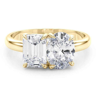 4 Ct Emerald & Oval Cut Moissanite Toi et Moi Engagement Ring In Yellow Gold