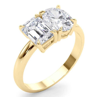 4 Ct Emerald & Oval Cut Moissanite Toi et Moi Engagement Ring In Yellow Gold