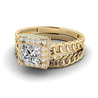1.50 Ct Princess Cut Hidden Halo Moissanite Bridal Set Ring in Yellow Gold