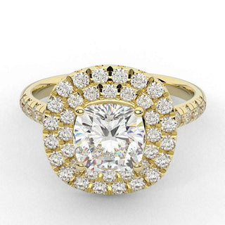 1.50 Ct Cushion Cut Double Halo Moissanite Ring in Yellow Gold