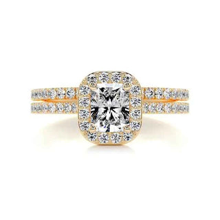 2.50 Carat Radiant Shape Halo Moissanite Bridal Set Ring in Yellow Gold