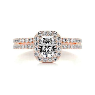 2.50 Carat Radiant Shape Halo Moissanite Bridal Set Ring in Yellow Gold