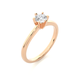 Angled view of 1 Carat Six Prong Solitaire Moissanite Ring in Rose Gold, showcasing the band and setting.