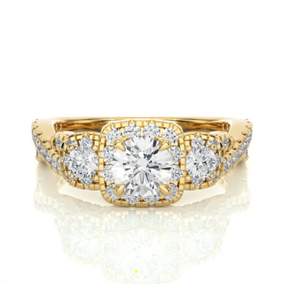 1.50 Ct Round Moissanite Three Stone Halo Engagement Ring In Yellow Gold