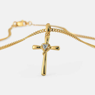 1 Carat Round Shaped Solitaire Moissanite Cross Pendant in Yellow Gold
