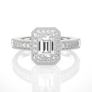 1.50 Carat Emerald Cut Moissanite Halo Engagement Ring In White Gold