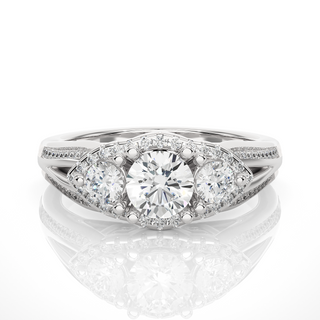 2 Carat Moissanite Three Stone Halo Engagement Ring In White Gold