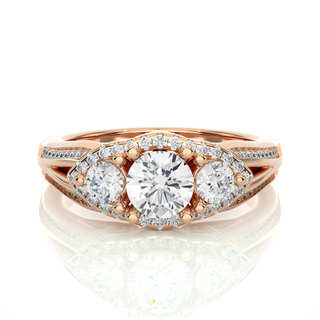 2 Carat Moissanite Three Stone Halo Engagement Ring In Rose Gold