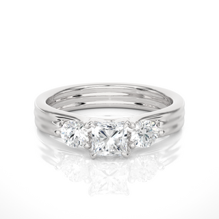 1 Carat Princess And Round Cut Moissanite Three Stone Ring In Silver