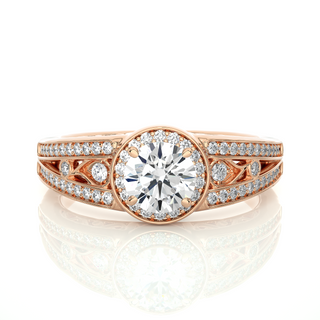 1.50 Carat Round Moissanite Split Shank Halo Engagement Ring In Rose Gold