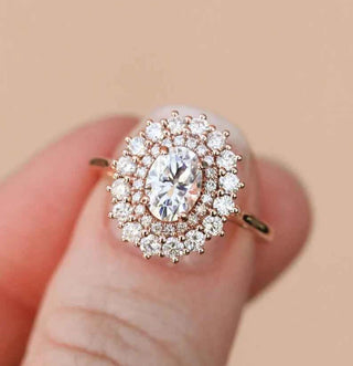 2 Ct Oval Shaped Moissanite Double Halo Engagement Ring In Rose Gold