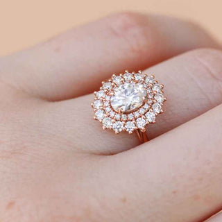 2 Ct Oval Shaped Moissanite Double Halo Engagement Ring In Rose Gold