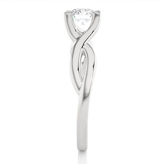 side profile of 0.50 Ct Round Moissanite Solitaire Engagement Ring In Silver, highlights the criss cross setting.