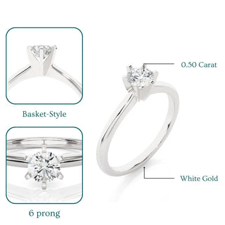 0.50 Carat Six Prong Solitaire Moissanite Ring in White Gold