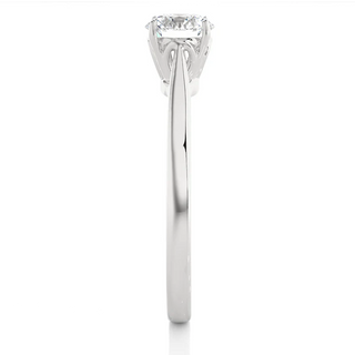 Side profile of 0.75 Carat Round Moissanite Solitaire Engagement Ring in White Gold, highlighting the prong setting.