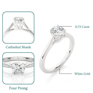 0.75 Carat Round Moissanite Solitaire Engagement Ring in White Gold