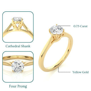 0.75 Carat Round Moissanite Solitaire Engagement Ring in Yellow Gold