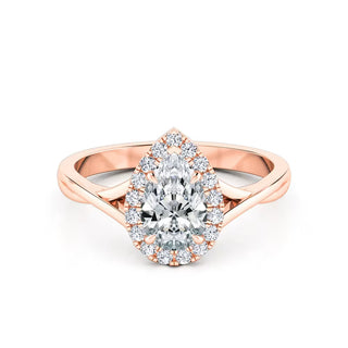 1.1 Carat Pear Shape Halo Moissanite Engagement Ring in Rose Gold