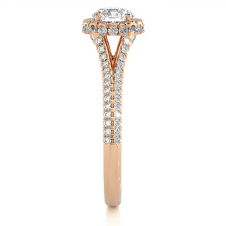 Side profile of 1.50 Ct Round Moissanite Split Shank Halo Engagement Ring in Rose Gold, highlighting the prong setting.