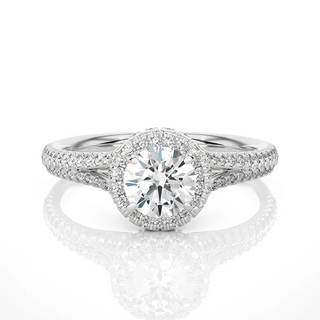Front view of 1.50 Carat Split Shank Halo Round Moissanite Engagement Ring in Silver, highlighting the brilliant center moissanite stone.