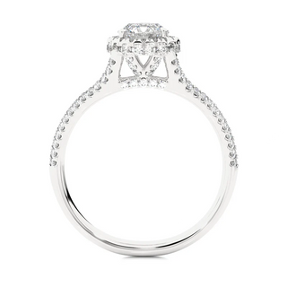 Side profile of 1.50 Carat Split Shank Halo Round Moissanite Engagement Ring in Silver, highlighting the prong setting.