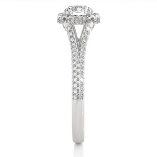 Side profile of 1.50 Carat Split Shank Halo Round Moissanite Engagement Ring in Silver, highlighting the prong setting.