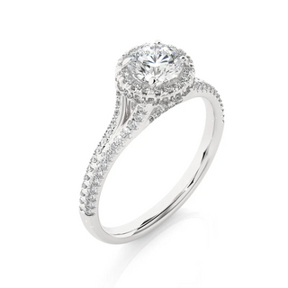 Angled view of 1.50 Carat Split Shank Halo Round Moissanite Engagement Ring in Silver, showcasing the band and setting.​