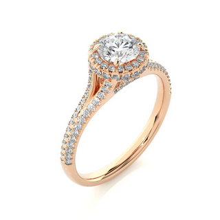Angled view of 1.50 Ct Round Moissanite Split Shank Halo Engagement Ring in Rose Gold, showcasing the band and setting.​
